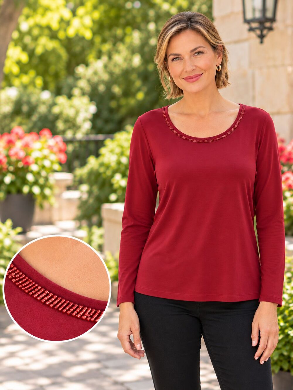 Talbots Women Large Burgundy Red Beaded Scoop Neck Long Sleeve Top Blouse